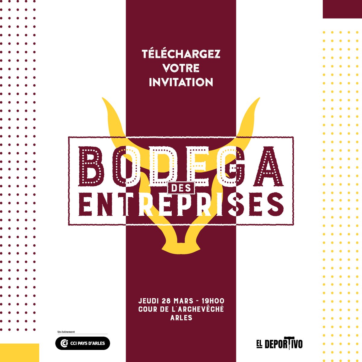 [#SaveTheDate📌]
🎉 Pr débuter la #FériaDePâques2024, la @ccipaysarles vous convie à la #BodegaDesEntreprises !

📆 28/03
🕙 19h > 00h
📍 Bodega El Deportivo, cour de l'Archevêché, Arles

ℹ📝 swll.to/byXogJ6

#MardiConseil #RencontresB2B #Réseautage #Échanges