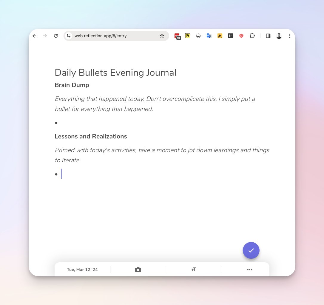 We love this simple daily evening journaling practice from <a href="/dickiebush/">Dickie Bush 🚢</a>.

So we whipped up a quick link to pre-load Dickie's framework inside reflection.app: 

link.reflection.app/WdLFAccdyLxAJC… 

Looks like this...