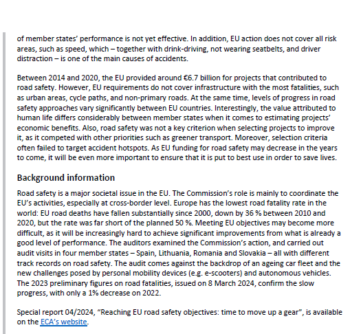🇪🇺 #RoadSafety audit ⚠️Alarming road death figures in some countries ⚠️Life of over 20 000 people cut short every year ⚠️EU to miss ambitious goals to halve & gradually eliminate traffic deaths 📈Way forward: EU efforts must move up a gear 🔗Info eca.europa.eu/en/news/NEWS-S…