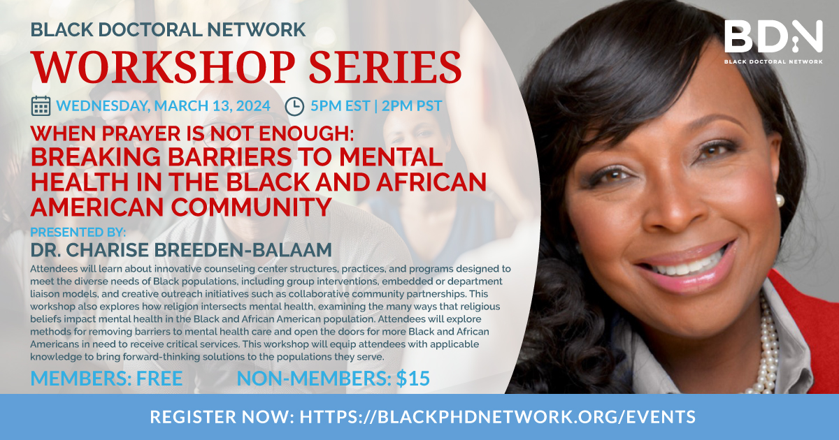 Ready to transform mental health services for Black populations? Join us to explore effective interventions, the impact of religion, and ways to improve access to care. Let's create change together. Sign up today: blackphdnetwork.org/events #HealthEquity #CommunityCare