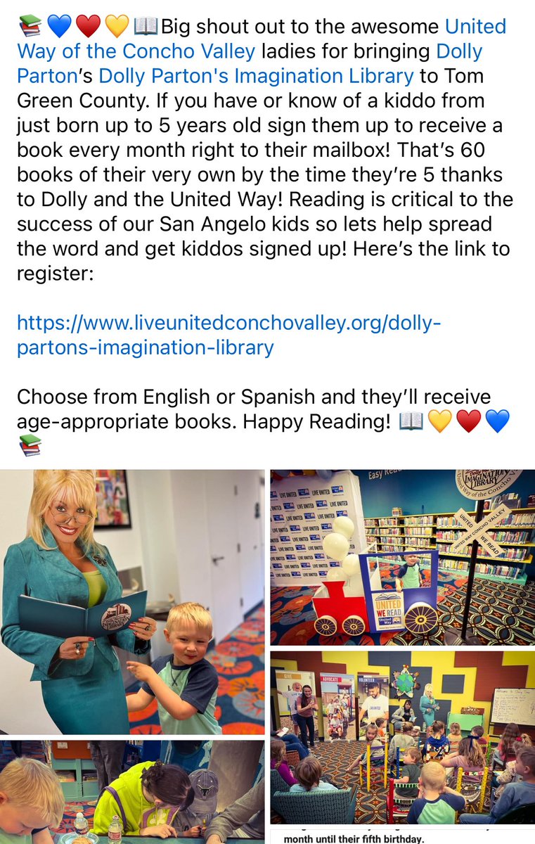 📚💙♥️💛📖San Angelo- read below to learn how kids from just born to under 5 yo can get FREE books sent to their mailbox monthly! Register at bit.ly/3IFvWFv  Thanks <a href="/UWConchoValley/">United Way of the Concho Valley</a>  📖💛♥️💙📚