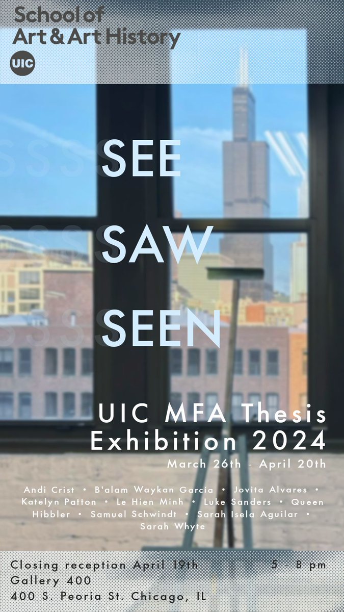 Save the date for our upcoming MFA Thesis Shows featuring the work of our 2024 MFA cohort! 

Shows open Tues. March 26 through Sat. April 20th. A closing reception from 5-8pm will be held at Gallery 400on Friday, April 19th.