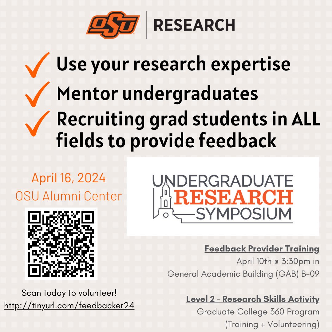 Still looking for #gradstudent feedback providers for the 2024 symposium! #OKState #research #creativeactivity #OSUURS