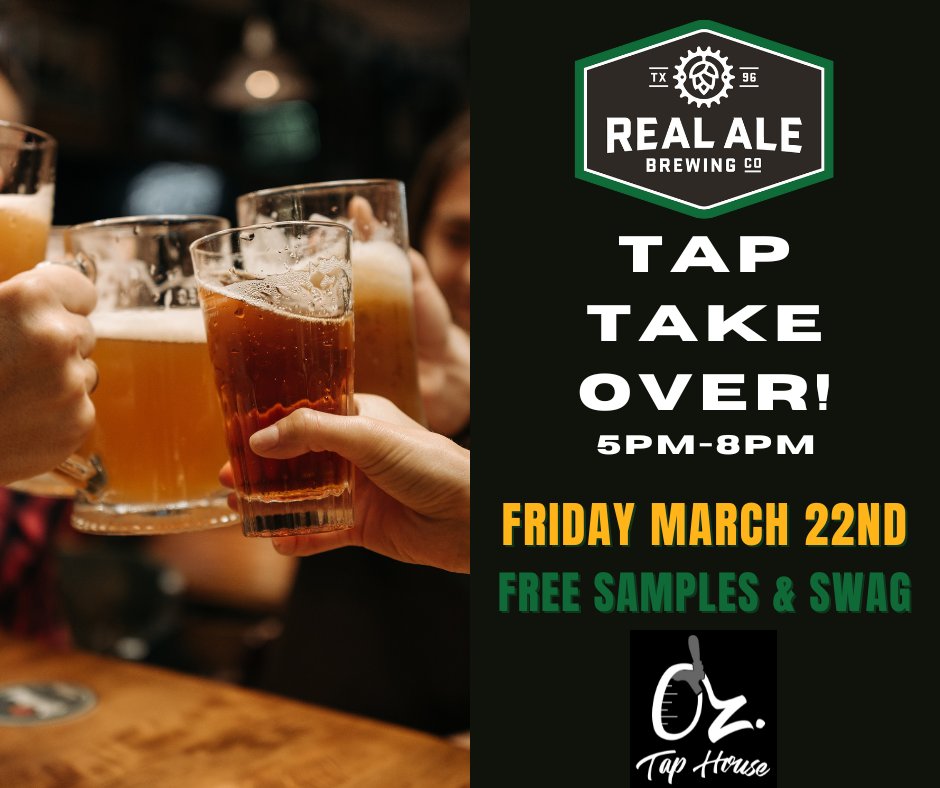 oztaphouse's tweet photo. 🗓️ Mark your calendars!
Our Tap Takeover with Real Ale Brewing is happening on March 22nd, 5pm-8pm. Indulge in free samples, score some swag, and check out new brews from Real Ale Brewing!
We'll see you then! 🍻😎
#taptakeover #atxbeers #atxbrews #beerme #taphouse #oztaphouse https://t.co/0YGwVuNEV4