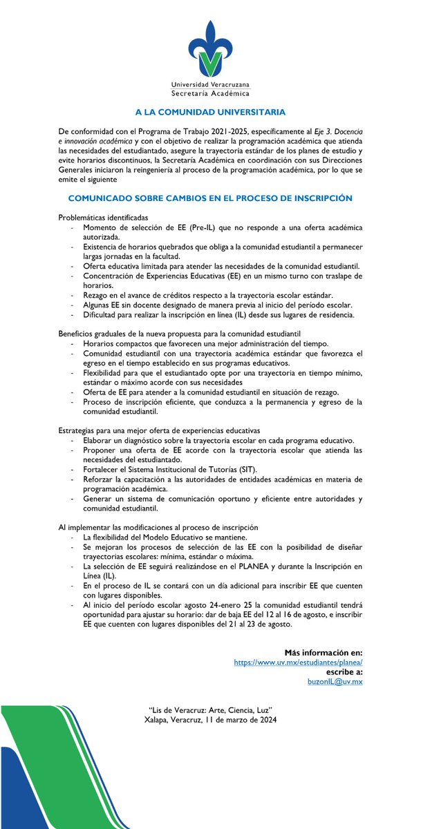 #ComunicadoUV Sobre los cambios en el proceso de inscripción para el periodo escolar agosto 2024-enero 2025. Versión web: acortar.link/fO473T