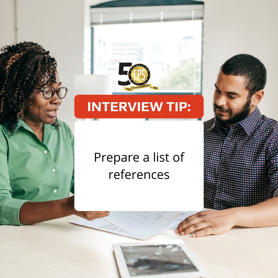 cps4jobs's tweet photo. Your interviewers may ask for a list of references before or after your interview. Being ready with a reference list beforehand can speed up this part of the hiring process.

#CPS #CPSInc #CPS4Jobs #JobSearch #Opportunities #JobBoard #NewOpportunity #Staffing https://t.co/hvpgYtcggi