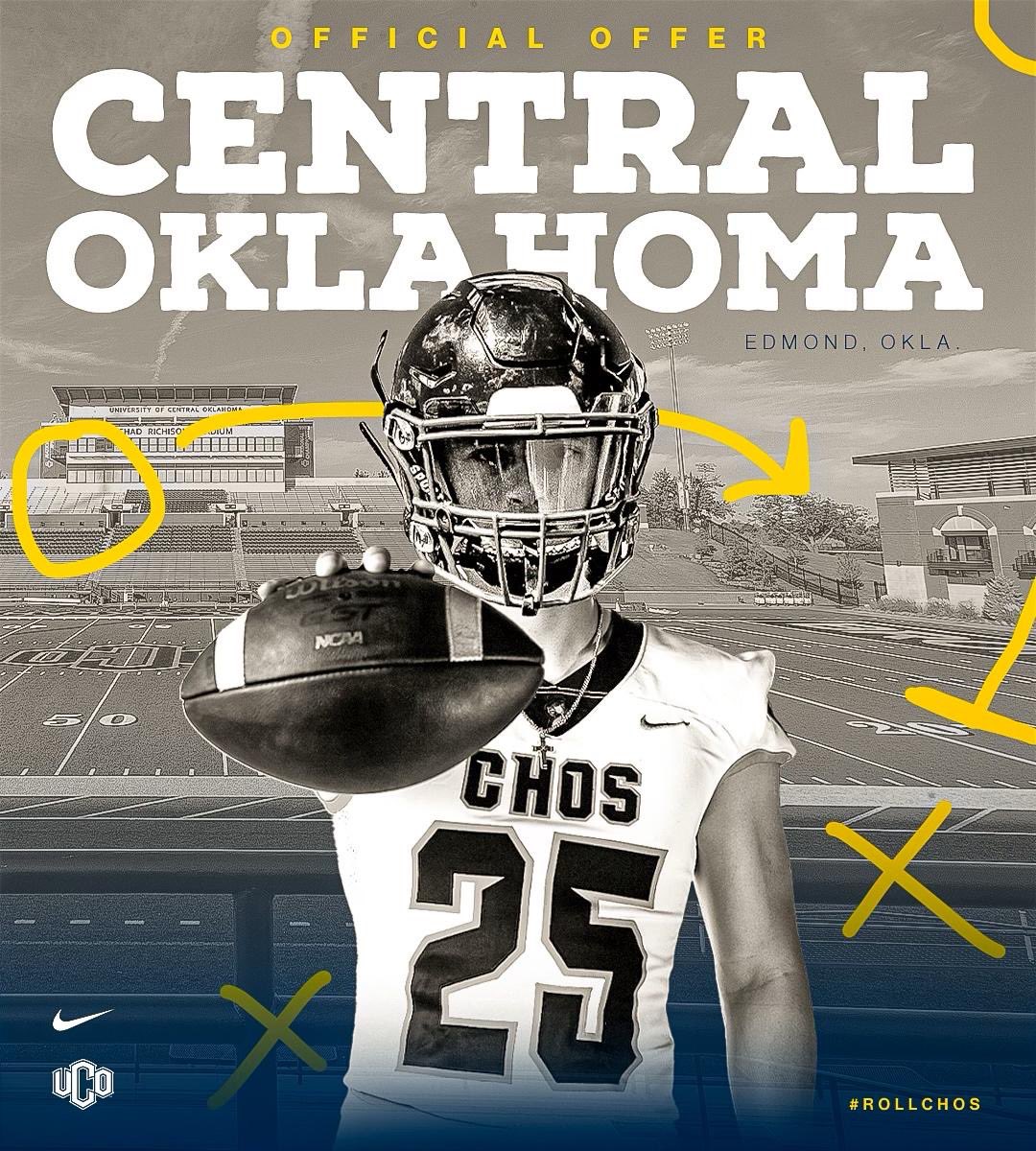 After some great conversations with @Coach_Harwell, I am really excited to have received an offer from University of Central Oklahoma!! #RollChos