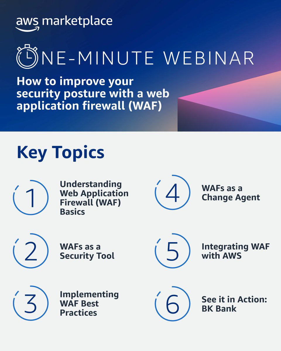 Learn how to integrate an #AWS-native #WAF to protect against the most common web-based attacks with this handy one-minute webinar infographic. Download now: go.aws/3SXTl9U #cloudsecurity