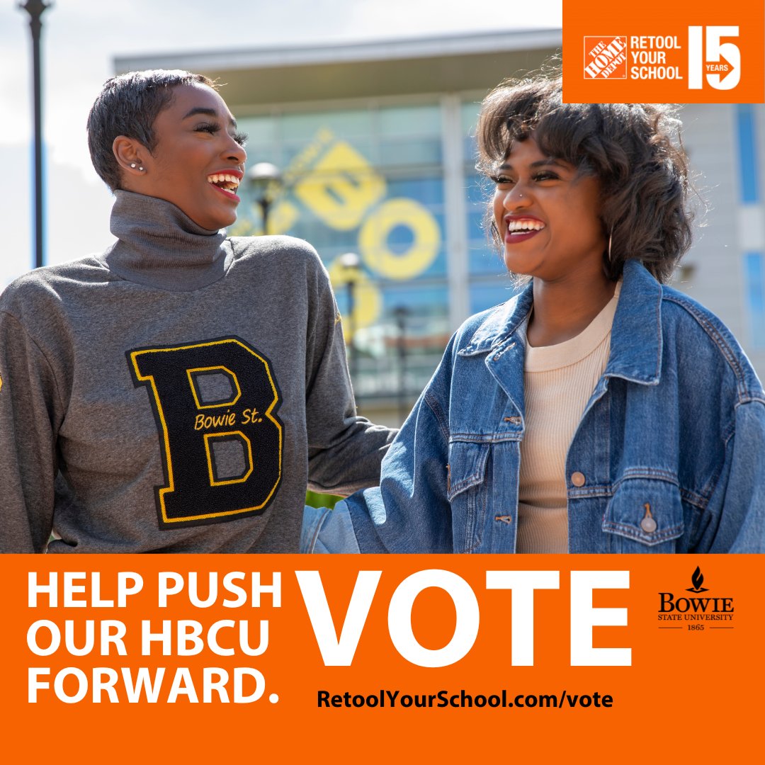 Attention #BowieState community! Your votes matter in The Home Depot Retool Your School Challenge! Let's rally together and help our HBCU shine. Vote now and every day until March 24th to secure up to $150K in grants! Head over to the link in our bio to vote! #RetoolYourSchool