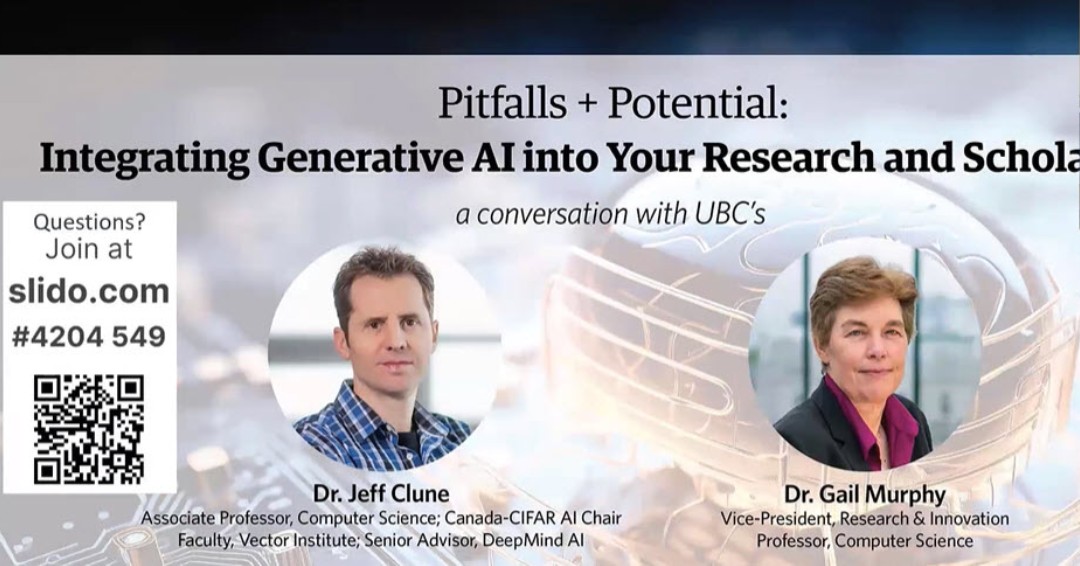 2 of our department's experts, @jeffclune and @gail_murphy recently hosted an informative online presentation about the pitfalls and plusses of using #GenerativeAI in research. Video: ow.ly/R0F850QQLkB #AI #ChatGPT @UBCScience @CAIDA_UBC @VectorInst @OpenAI