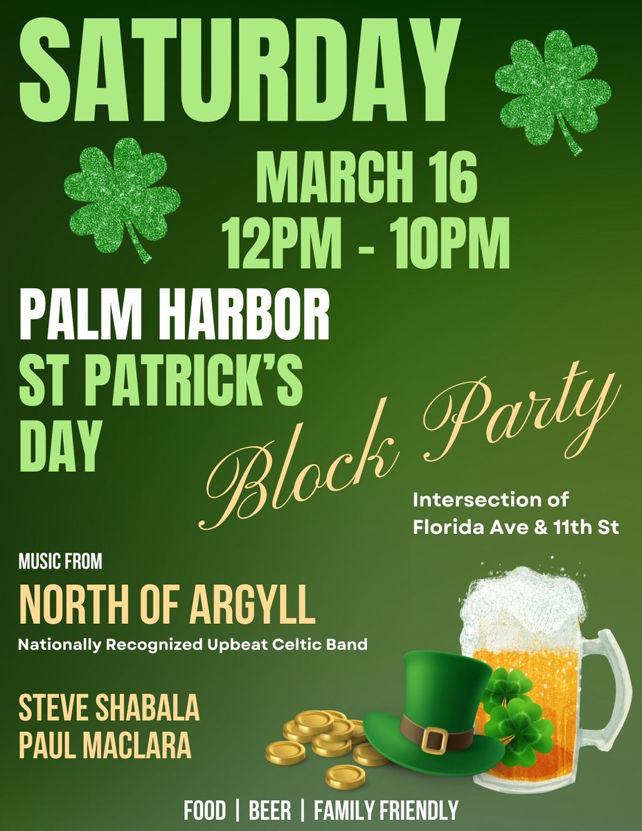 Feeling lucky? Join us for a St. Patrick's Day celebration in downtown Palm Harbor this Saturday! There's music to get your toes tapping, tasty treats, and refreshing drinks to quench your thirst. Bring the whole clan – it's a party for all ages. Spot us in the crowd and c...