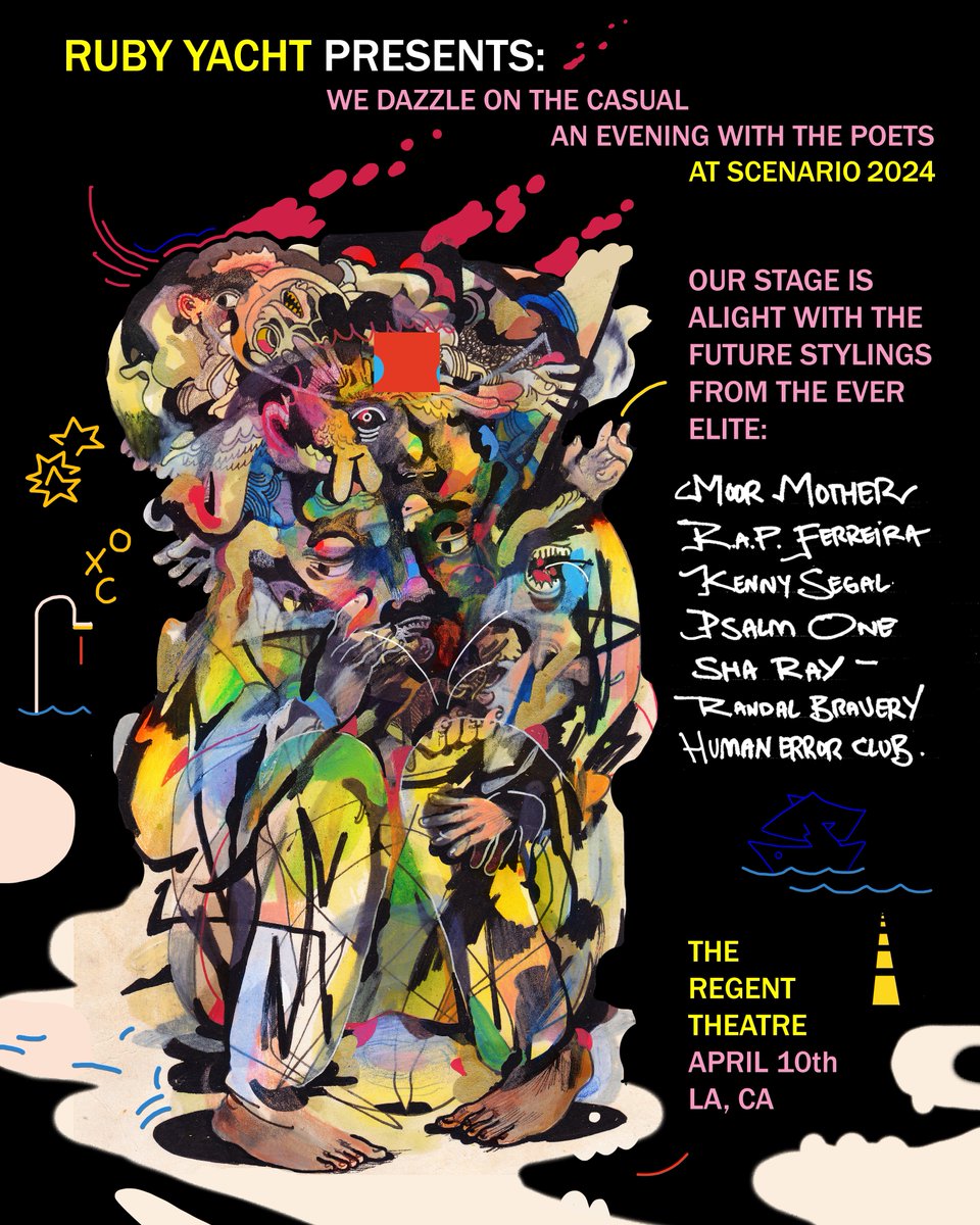 New Scenario 2024 Showcase Announcement: 4/10 @rubyyacht presents @moormother @hipcatscience @KennySegal @PsalmOne #ShaRay @RandalBravery @HumanErrorClub & more at @RegentTheaterLA. Pre-sale begins tomorrow. Tickets on sale Friday!