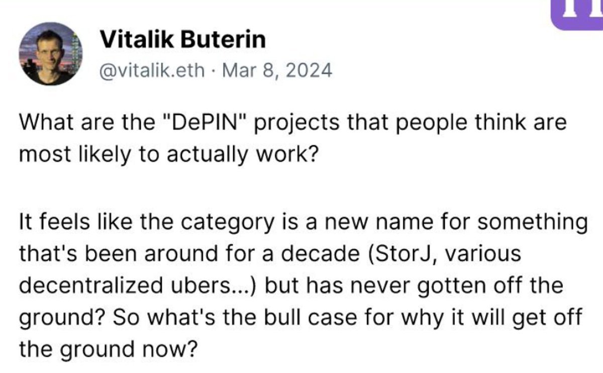 正如 <a href="/VitalikButerin/">vitalik.eth</a> 所指出，#DePIN 并不是新概念，但为何它现在受到广泛关注？

简单来说：今天 #DePIN 的构建方式与以往不同。

更深入地说：
过去十年，虽然去中心化存储、计算和市场应用已经出现，但早期的开拓者们低估了构建这些网络的复杂性。

x.com/iotex_io/statu…
👇🧵