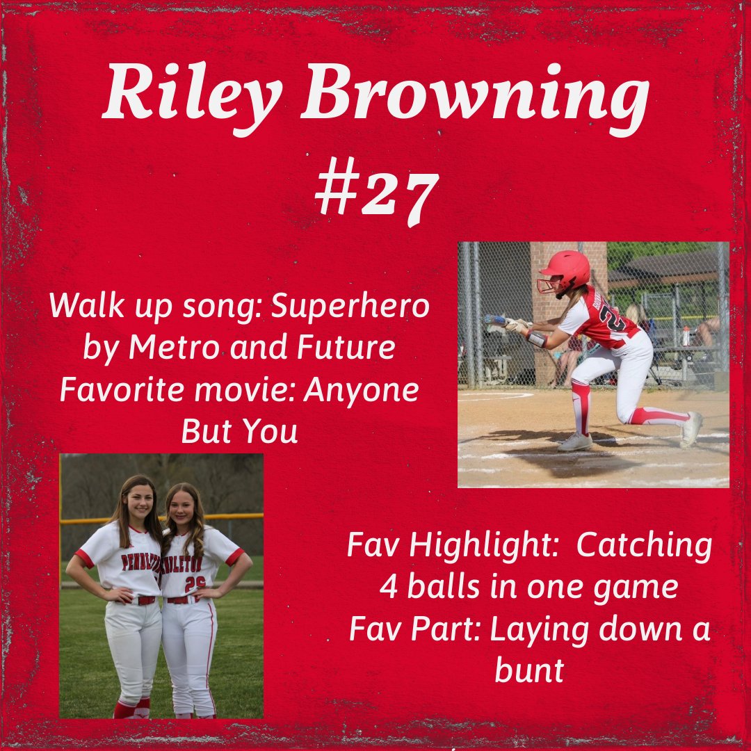 Next up is Riley. Riley has made some great improvements this off season in the outfield. She always has a smile on her face. We are looking forward to seeing what Riley does this year! Welcome back, #27!