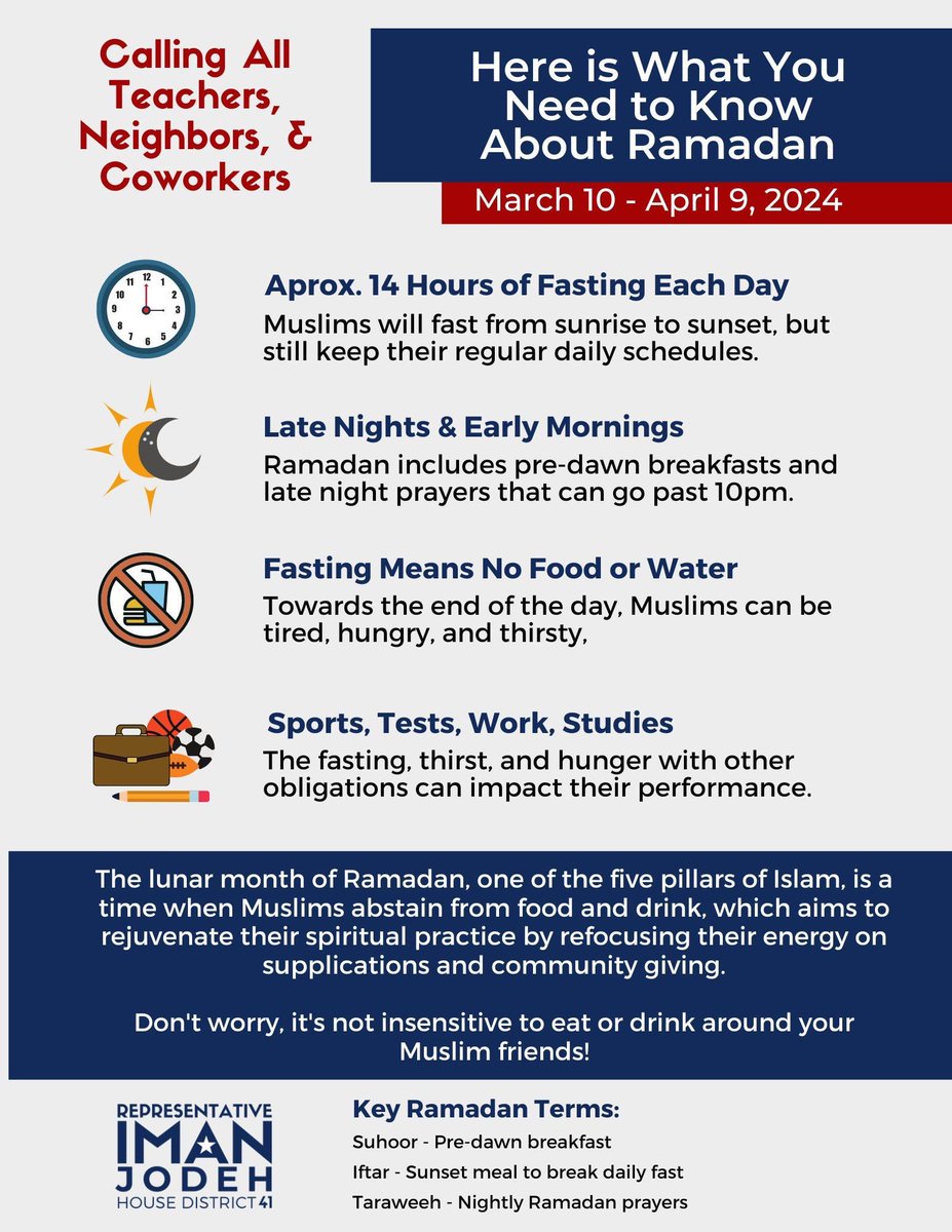 Ramadan Kareem. From March 10th to April 9th, billions of Muslims around the globe will observe this sacred month. Please share the guide below so you and those around you can be better informed, prepared, and able to accommodate Muslims in your orbit this month.