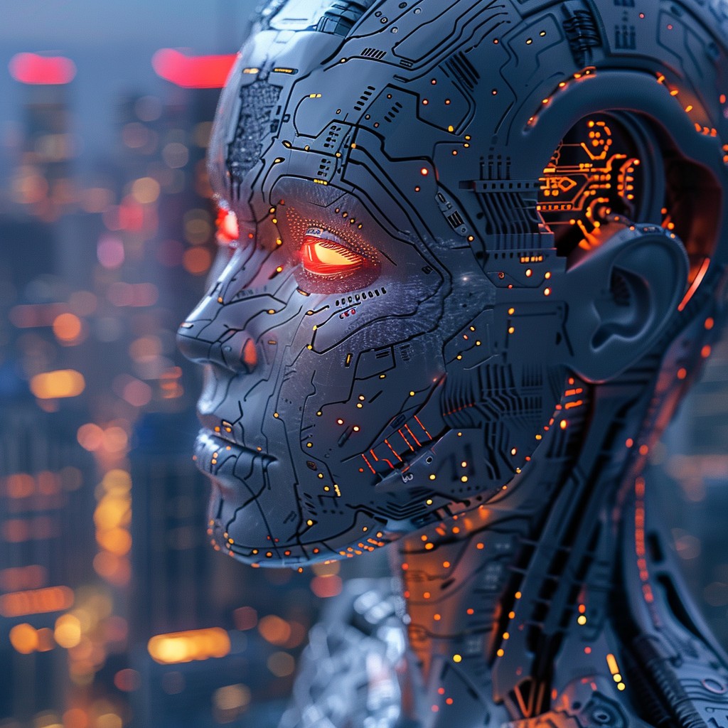 In the neon-lit twilight of a futuristic metropolis, the glowing red eye of a sophisticated android reflects a world where the boundary between technology and humanity blurs into captivating existence.