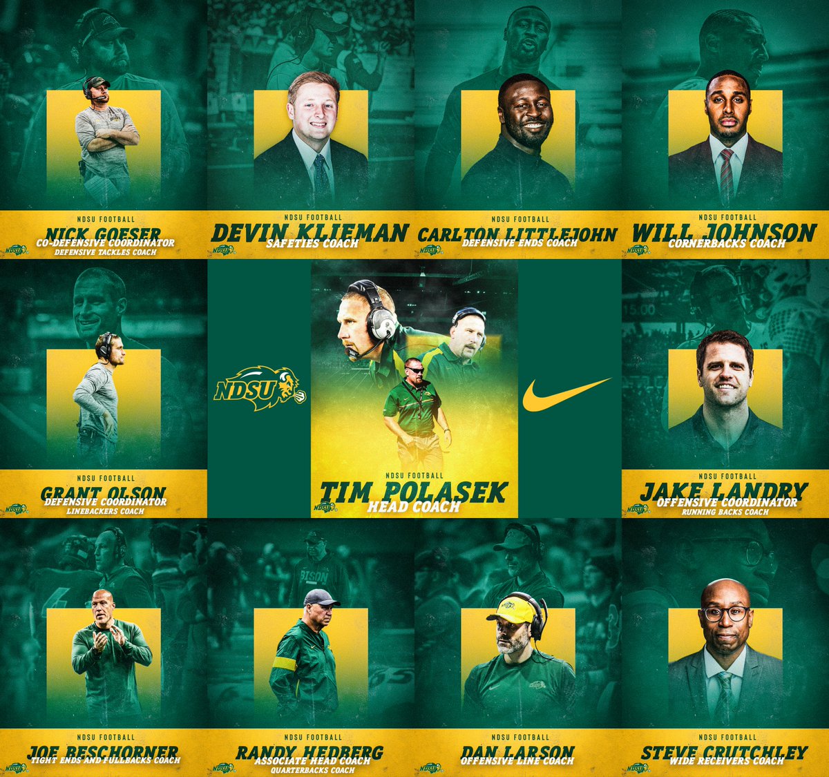 Make sure to follow our coaches! Come learn from the best this summer!🏈🤘 Head Coach - @CoachTimNDSU Running Backs/OC - @CoachJakeLandry Quarterbacks - @CoachRHedberg Wide Receivers - @CoachCrutchley Tight Ends/Full Backs - @JoeBeschorner Offensive Line - @FBCoachLarson