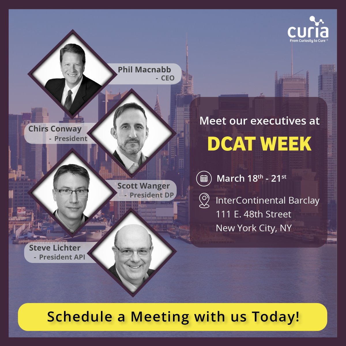 CuriaCDMO's tweet image. Curia leaders and experts are excited to meet you at #DCATWeek! 
Set up a meeting with us to learn about all the exciting changes we’ve had in the last year! ow.ly/cUkQ50QR8B1

#CDMO #biologics #smallmolecule #pharma #biotech #researchanddevelopment #manufacturing #API