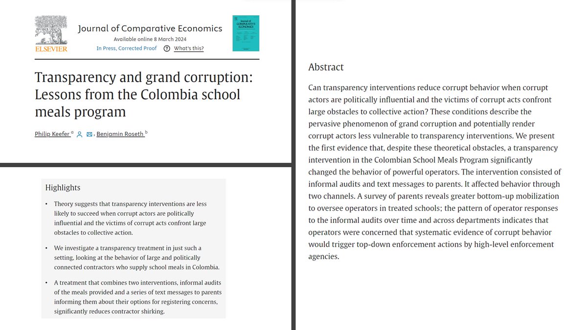 How to make sure funds for school meals are used well?

sciencedirect.com/science/articl…

"A transparency intervention in the Colombian School Meals Program significantly changed the behavior of powerful operators. The intervention consisted of informal audits &amp; text messages to parents."