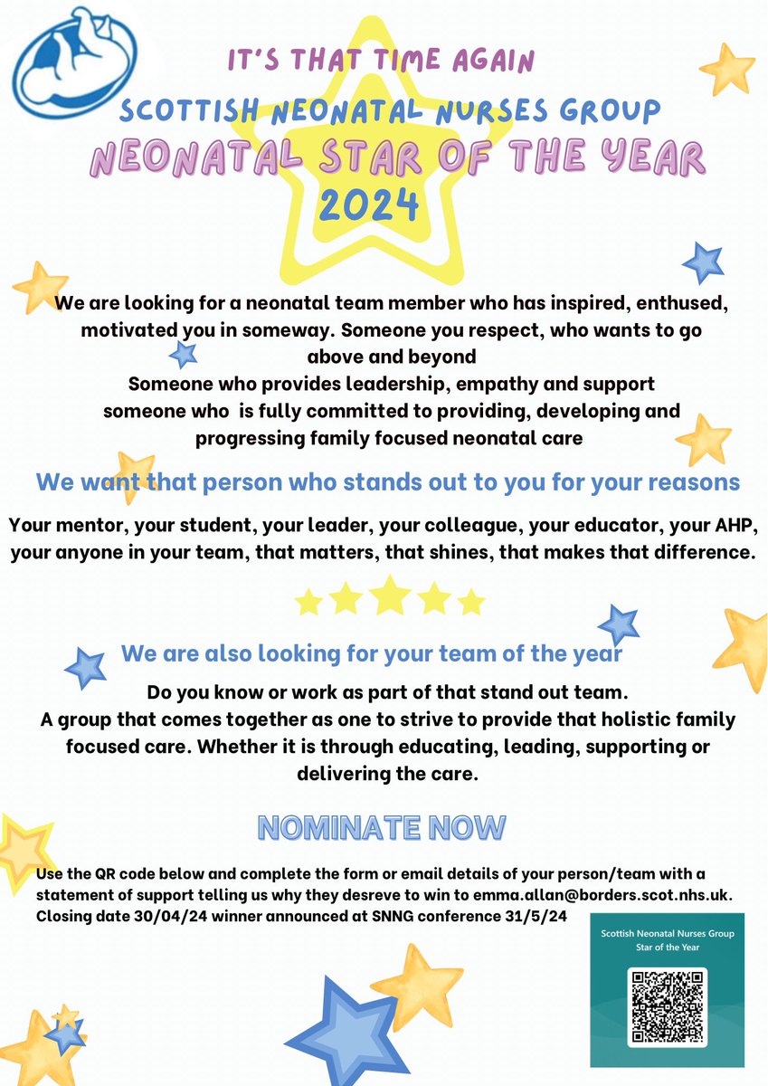 ⭐️Do you know the neonatal star or stars of the year…….. ⭐️ It is time to nominate now Winners to be announced at SNNG conference on 31/5/24 ⭐️@ScotPerinatal @wishawneonatal @CoNoahs @NICUNinewells @AberdeenFiCare @HUGrhc @neonatalrah @PRM_NEO_Team @StarsFic @EdinburghNeo
