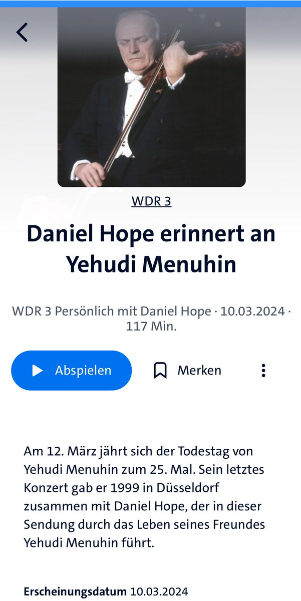 Anlässlich des 25. Todestages von Yehudi Menuhin am 12.03.1999, ist dies meine @WDR 3 Radio-Hommage an ihn vom letzten Sonntag, die nun ein Jahr lang als Podcast unter folgendem Link verfügbar ist ➡️ bit.ly/3QoivNq