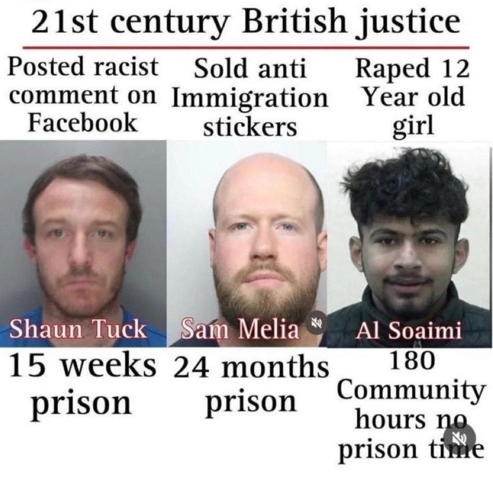 🇬🇧 Reino Unido: 🧑🏻 Shaun Tuck - 4 meses de prisão por um post 'racista' no Facebook 🧑🏻 Sam Melia - 2 anos de prisão por disponibilizar stickers anti-imigração para download 👨🏾 Al Soami - 180 horas de serviço comunitário por violar criança de 12 anos Tirem as vossas conclusões.