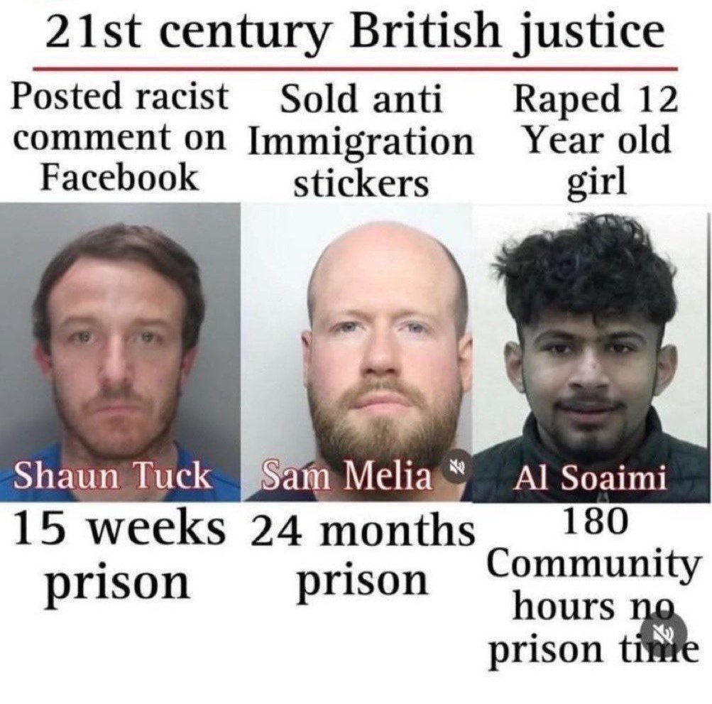 Antunes1's tweet photo. 🇬🇧 Reino Unido:
🧑🏻 Shaun Tuck - 4 meses de prisão por um post "racista" no Facebook

🧑🏻 Sam Melia - 2 anos de prisão por disponibilizar stickers anti-imigração para download

👨🏾 Al Soami - 180 horas de serviço comunitário por violar criança de 12 anos

Tirem as vossas conclusões. https://t.co/NNNogCz6oW