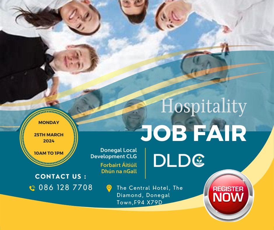 Join us at the Hospitality Job Fair on March 25th, 10 AM - 1 PM at The Central Hotel, Donegal Town! Explore exciting opportunities and kickstart your hospitality career. Register now and connect with potential employers! 📞 #JobFair #HospitalityCareers #OpportunityKnocks