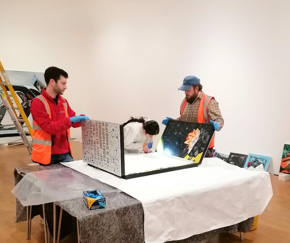 We found our curatorial trainee, Sammara, condition checking Frieda Toranzo Jaeger's artworks earlier 💎 (Condition checking records the condition of an artwork upon a close inspection)🧐 🪩 Book your ticket to our opening night celebrations: l8r.it/Plrt