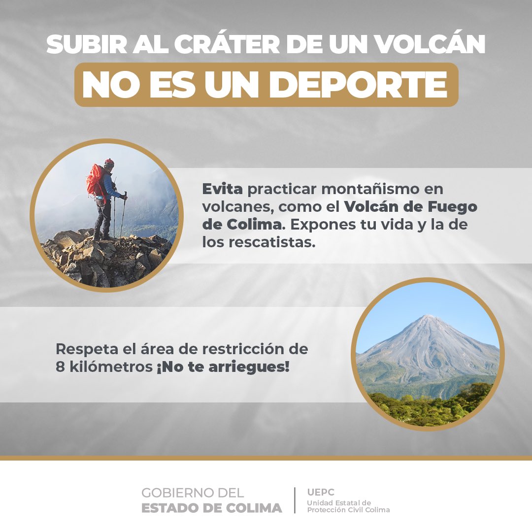 🌋#InformaciónImportante 

A través de redes sociales circula un video de dos personas grabando desde el cráter del Volcán de Fuego de Colima, aunque en estos momentos nuestro volcán se encuentra en calma, replicar esta acción pone en riesgo la vida de las personas.