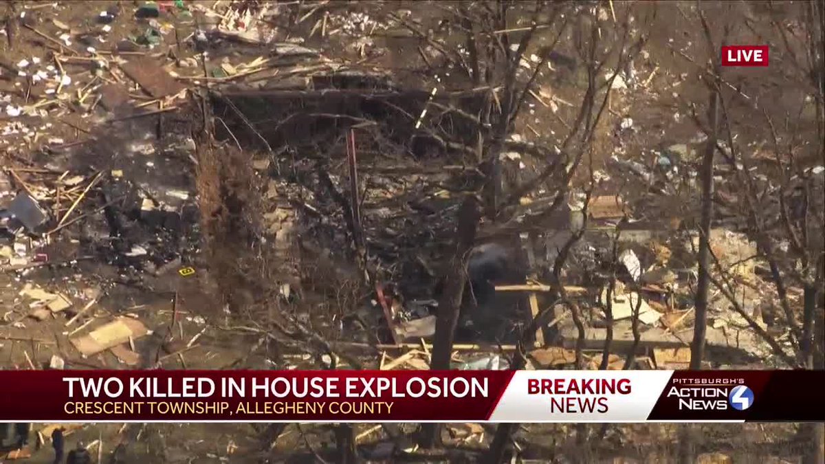 Latest on Crescent Twp home explosion: @WTAE Call came in just before 9am. Firefighters responded and found the home on Riverview Rd completely leveled. Two people dead — not yet identified. Cause undetermined. But there were private gas well and propane tanks at the home.