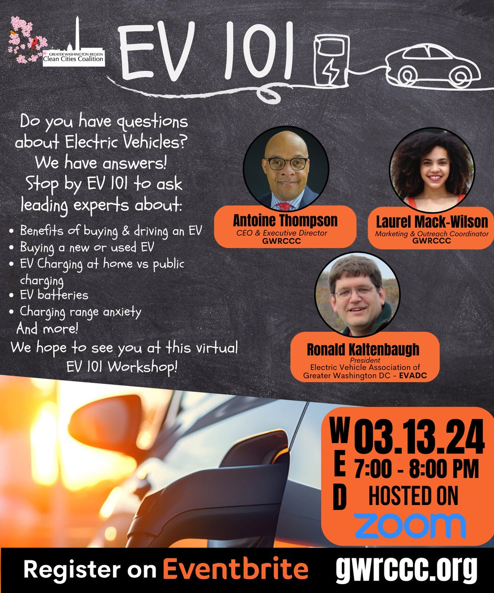 GWRCCC's tweet photo. Want to learn more abou #EVs? We hope to see you tomorrow, March 13 at 7 PM for EV 101! Register here: https://t.co/hSSLHa5PfQ
#GWRCCC #CleanEnergy #CleanTransportation #EV #EV101 #EVCharging https://t.co/ixDRBuxMFn
