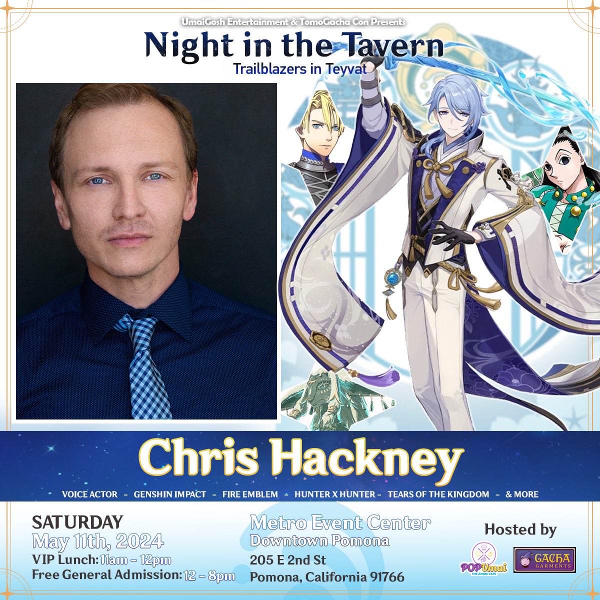 pop_umai's tweet photo. We’re very excited to announce that our next Guest of Honor is @ChrisHackneyGGK , English voice of Kamisato Ayato from #Genshinlmpact 🥳

Meet our special guests &amp; more on Saturday, 5/11 in Pomona, California

Register for your free tickets 🔽
https://t.co/W7WmK8VS3A https://t.co/FFbkMpLlwX
