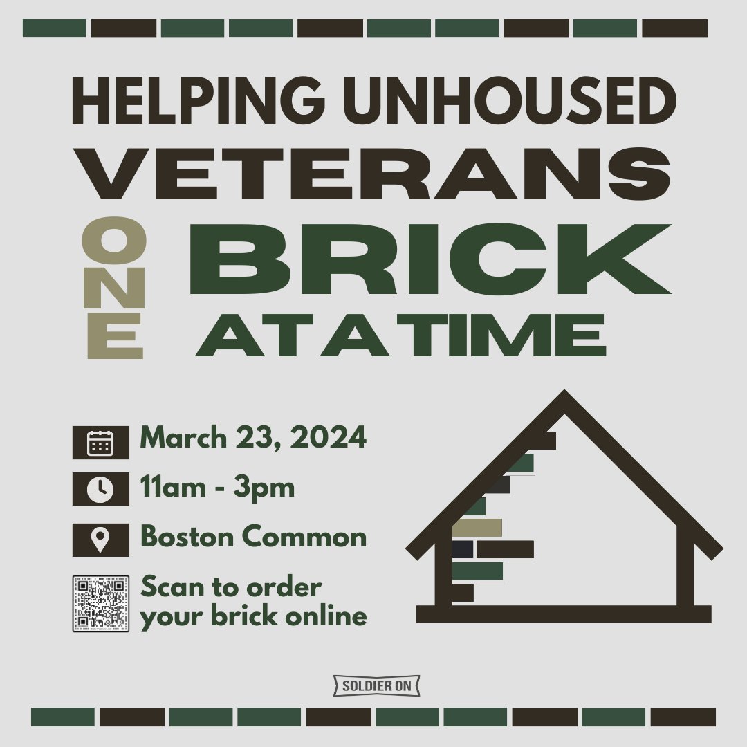 WeSoldierOn's tweet photo. Exciting news from #SoliderOn!🎖️ Join us for our upcoming interactive fundraising event: "Helping Unhoused Veterans One Brick At a Time" on March 23rd in the Boston Common! Click the link: https://t.co/wfPbruNWBi #SupportOurVeterans #OneBrickAtATime https://t.co/NgfNe1Ah46