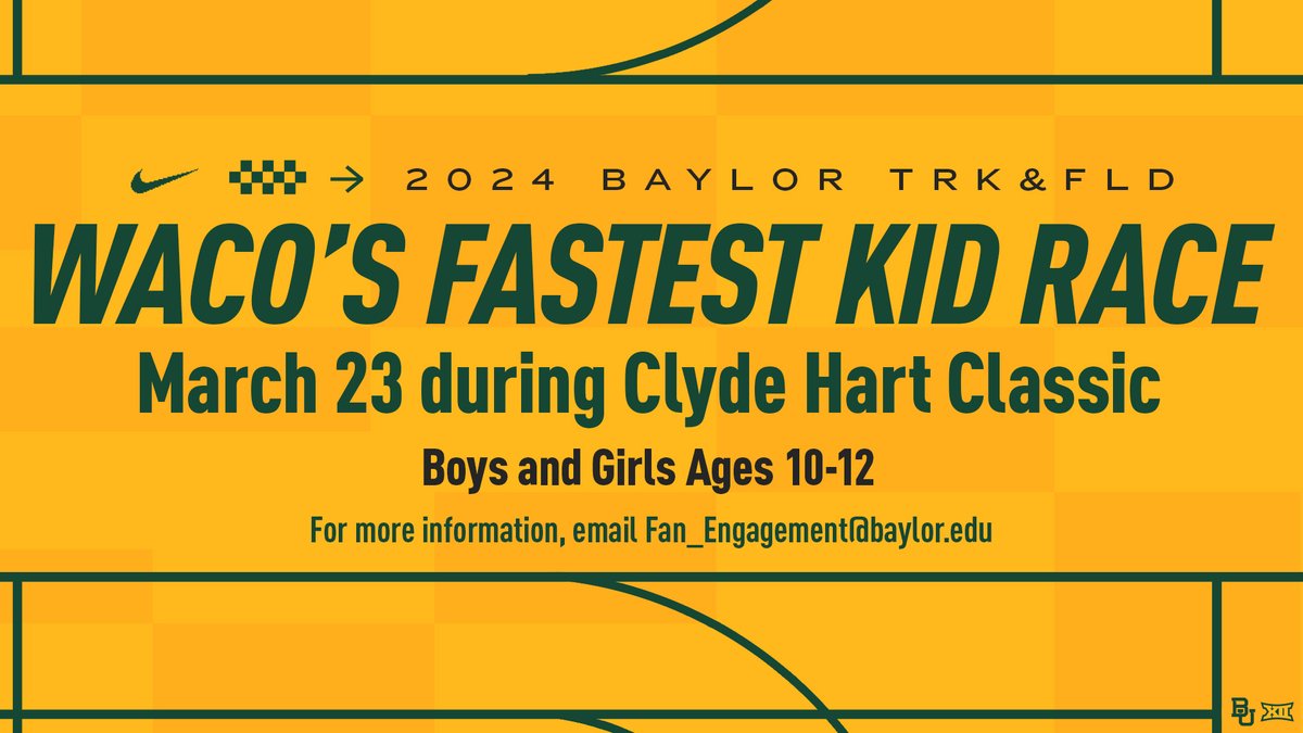 Does your kid have what it takes⁉️

Registration for Waco's Fastest Kid is now open! Sign up for the 50-meter race for kids ages 10-12 that will compete during the Clyde Hart Classic!

▶️ baylorbea.rs/3TcAlor

#SicEm 🐻