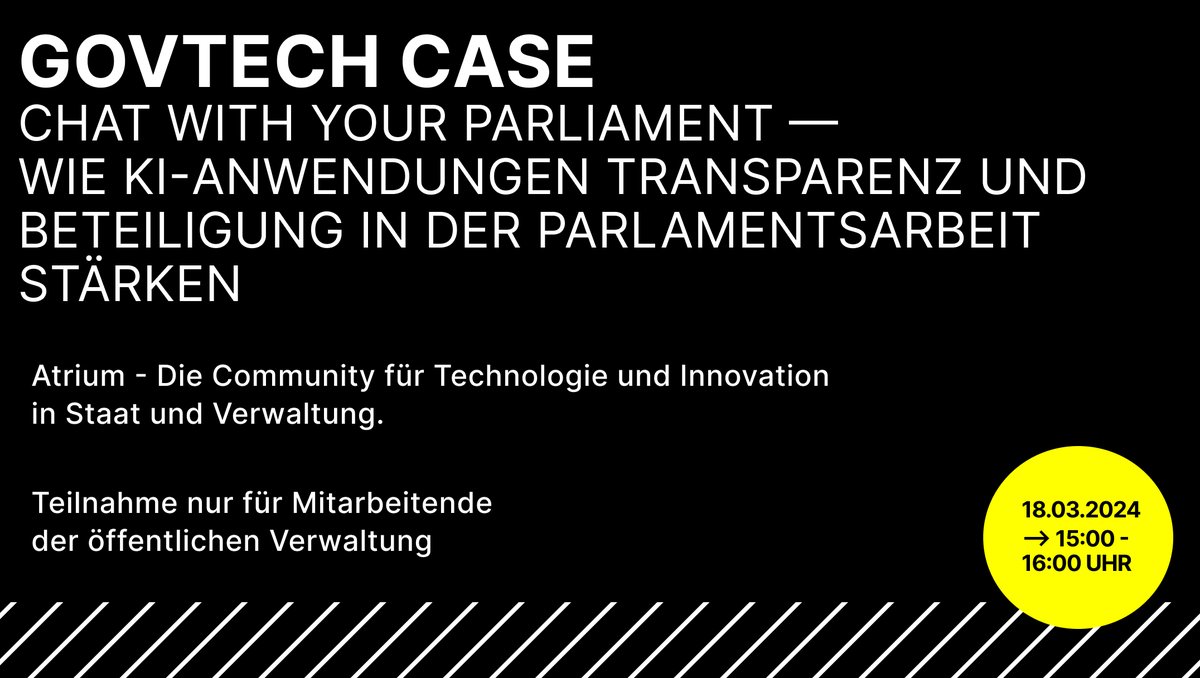 Verwaltungsmitarbeitende & Mitglieder des @GovTechCampusDE aufgepasst: Im Rahmen des #GovTech-Case-Formats stellen unser Leiter @bnjmnsbl & Projektleiter @hinterding mit @ThomasKrause11 unser #KI-Tool parla.berlin online vor! Jetzt anmelden auf zoom.us/meeting/regist…