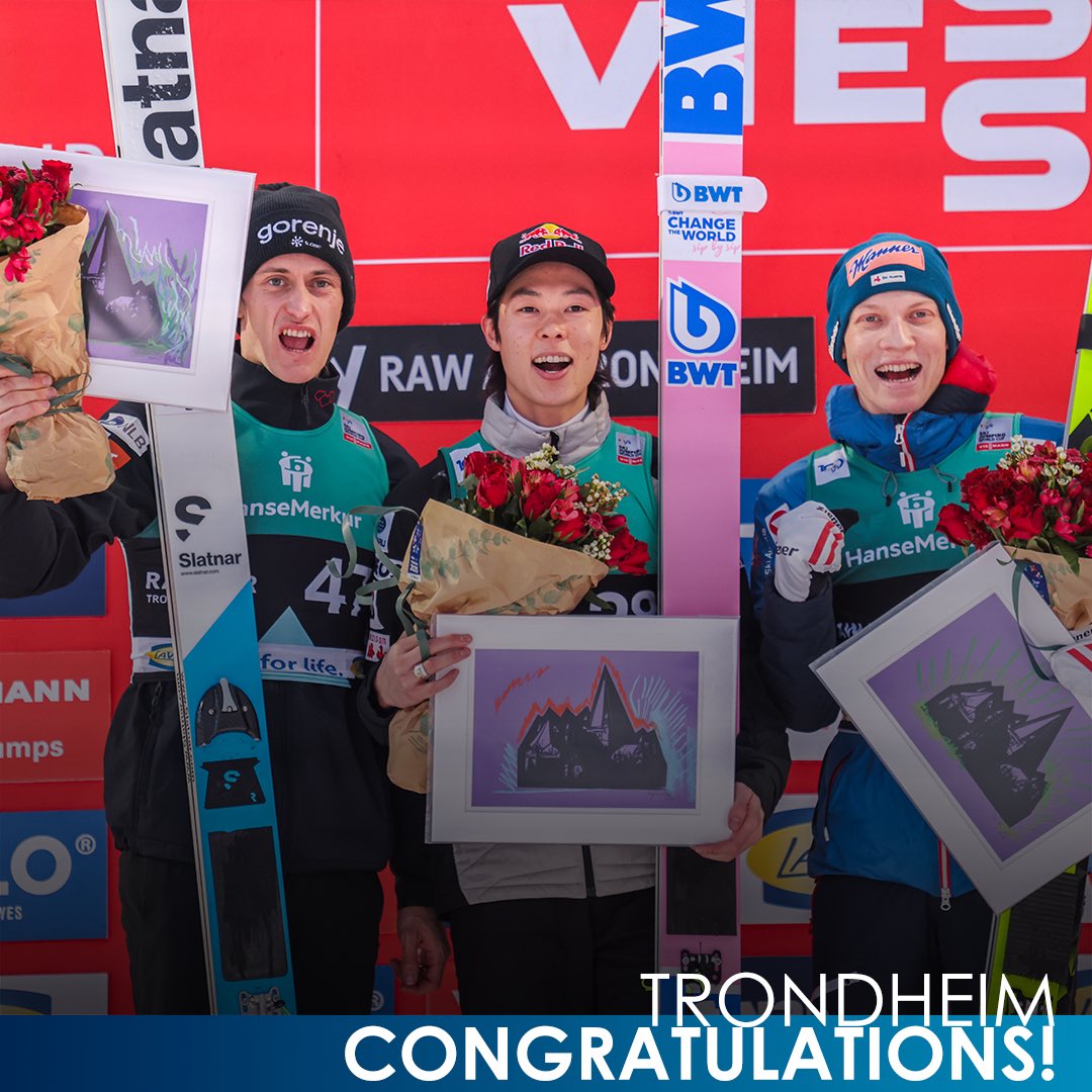 New hill, new winner! 🏆 RYŌYŪ KOBAYASHI takes victory at the second station of the @raw_air in #Trondheim ahead of Peter #Prevc🇸🇮 and Jan #Hörl🇦🇹! Congrats, Ryo 🇯🇵! What a competition! 🤯🤏 #worldcup #winner #skijumping #skijumpingfamily #fisskijumping #4hills #rawair