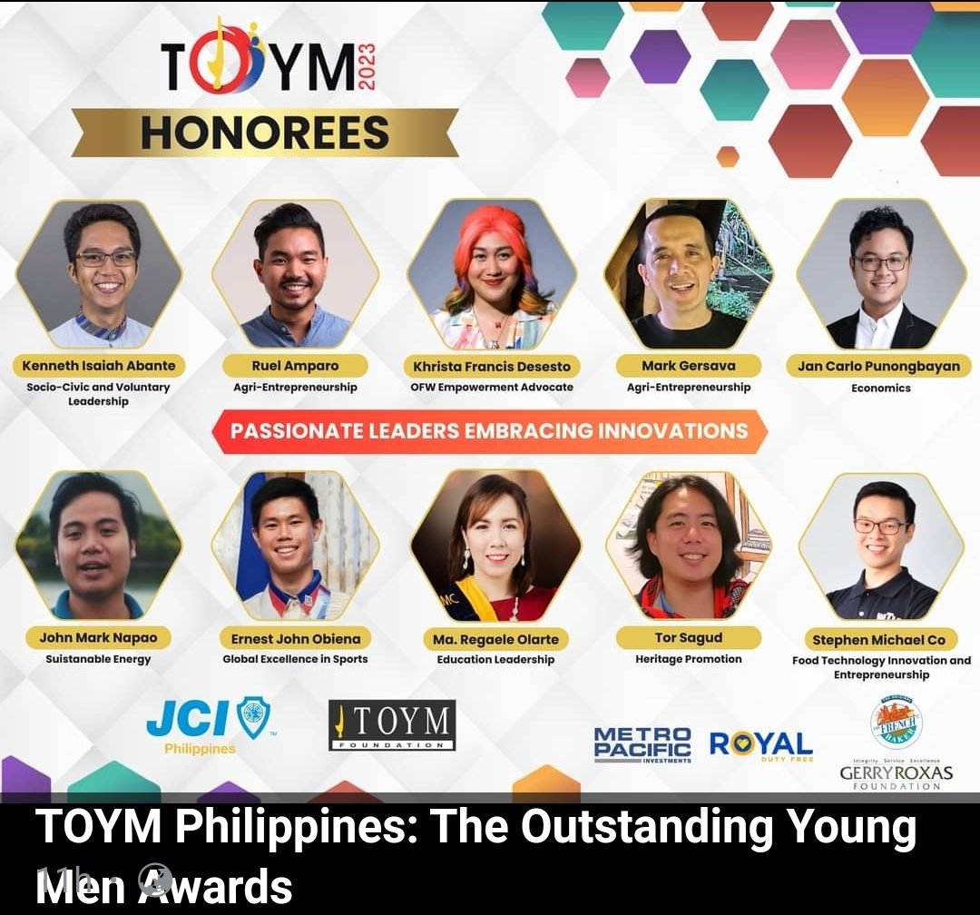 Lui_LimJ's tweet photo. Congratulations #TOYM Philippines 2023 awardees! So proud and honored to have worked two entrepreneur honorees - Mark @bambuhayph during our Innovation for Social Impact days and 
Stephen, who is so curious and passionate about food innovation. Lead on and soar high! Salute! https://t.co/m01VsqRWxe