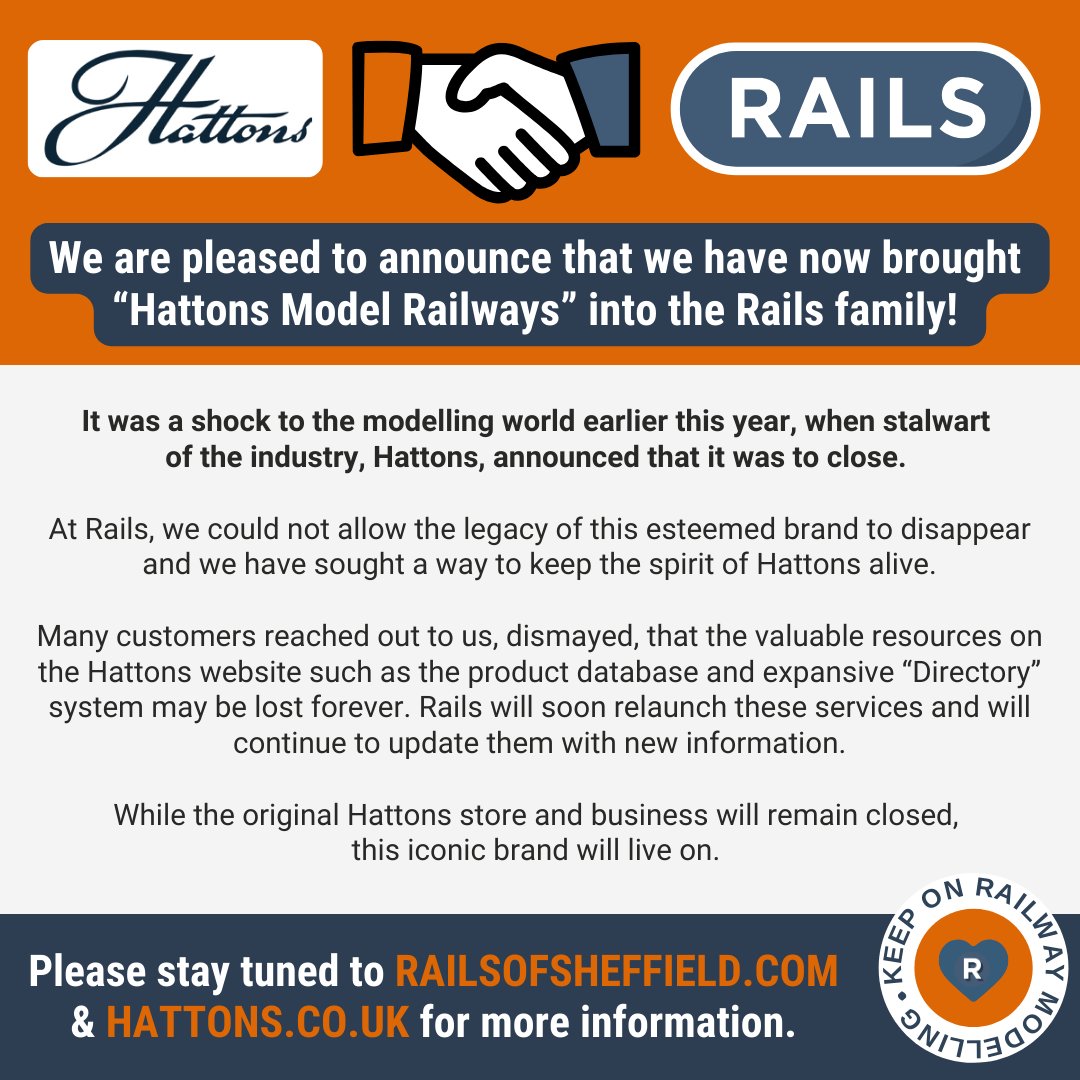 railssheffield's tweet photo. 😮 BIG NEWS! We are pleased to announce that Hattons Model Railways has become part of the Rails family. 

Find out more &amp; read our FAQ: https://t.co/7NasE0fiMn https://t.co/behOsvuJmc