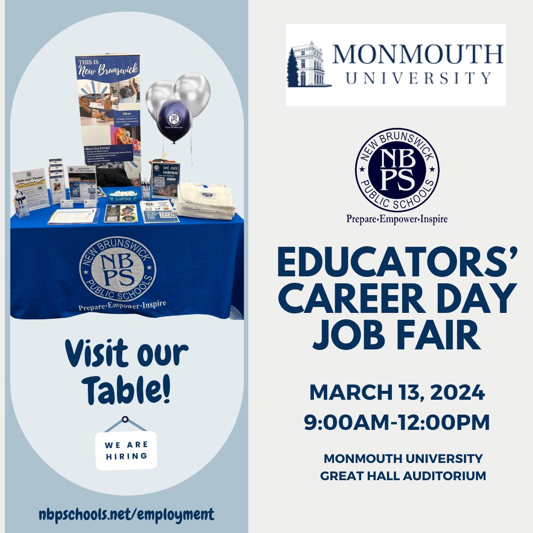 Calling all @monmouthu students and alumni! Join us at the Educators' Career Day tomorrow, March 13th, to learn about our job opportunities and sign-on bonus.  See you there! #JoinNBPS #NJEducators #WeAreHiring #Allin4NB #NBPSLetsGo!