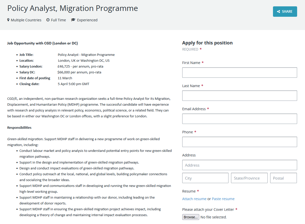 📣 Exciting job alert: @CGDev's Migration, Displacement, and Humanitarian Policy Programme is looking for a Policy Analyst to work on green-skilled migration! Can be based in DC or London, get in touch with questions / to learn more, deadline April 5. …erforglobaldevelopment.applytojob.com/apply/cOHQUpRF…