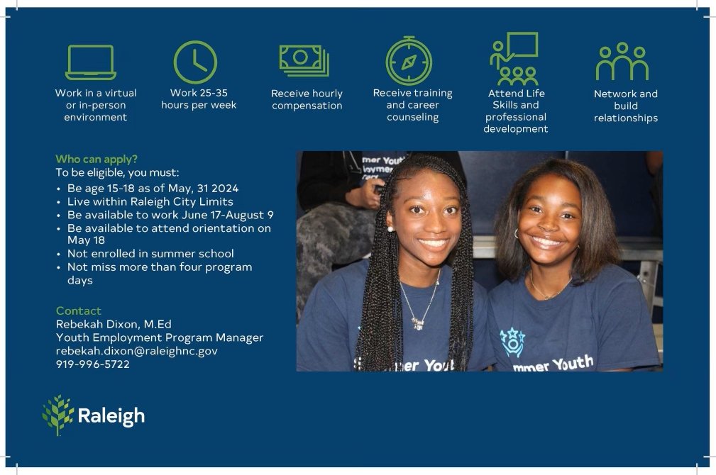 The Raleigh Summer Youth Employment Program (RSYEP) application and interview period is now open through March 31. Great opportunity for teens between the ages of 15 and 18 to develop their skills and prepare for future employment. raleighnc.gov/careers-jobs-a…