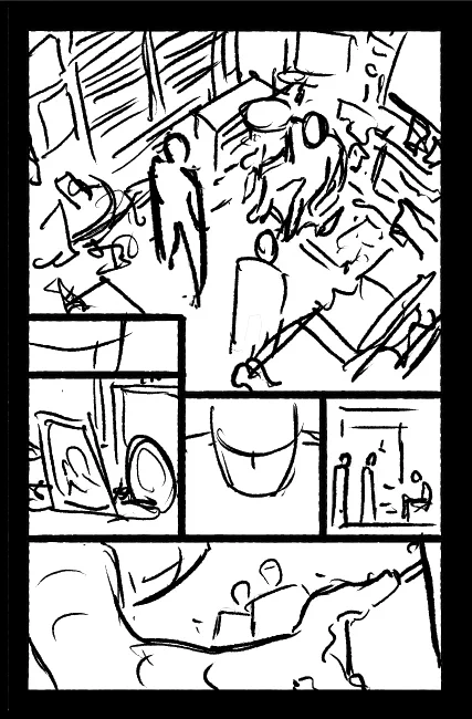 Process of a page from tomorrow's DARK SPACES: DUNGEON #4.

You can see Patricio's pitch-perfect color over this in the preview below. 