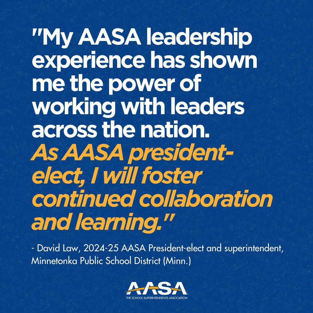 Excited to announce @DLawSuper, superintendent of Minnetonka Public School District, as the 2024-25 President-Elect of AASA! David is dedicated to driving innovation and enhancing community engagement in public education. Congratulations, David! aasa.org/news-media/new…