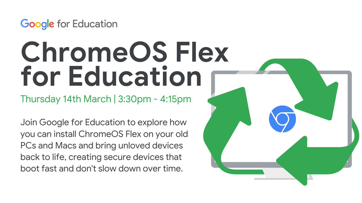 Get the most out of your old devices!  Join <a href="/GoogleForEdu/">Google for Education</a>'s FREE webinar on ChromeOS Flex for Education 💻

✅ Set it up with a step-by-step demo!
✅ Unlock benefits for your classroom.
✅ Hear a real school's success story.

Save your spot! rsvp.withgoogle.com/events/webinar… #GoogleEdu