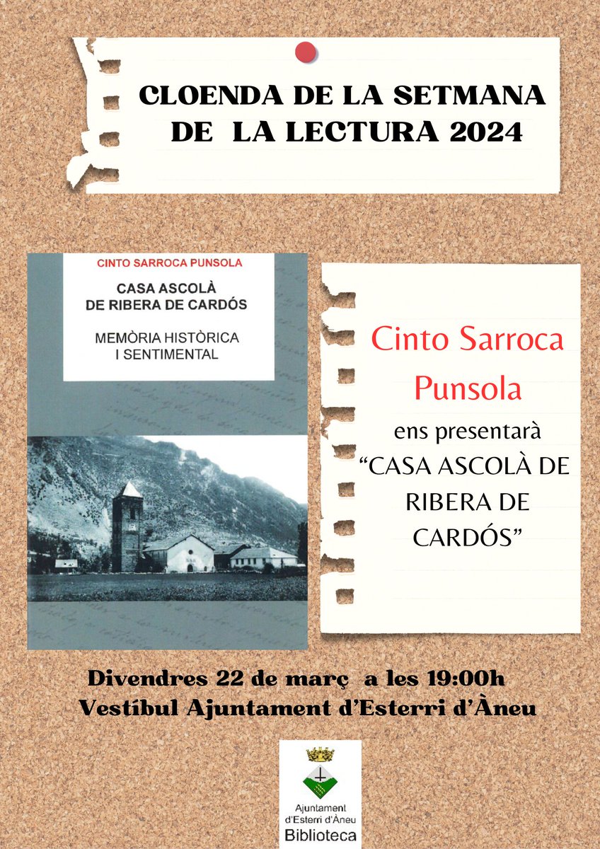 Biblio_Esterri's tweet photo. Tancarem la SETMANA DE LA LECTURA D'ESTERRI D'ÀNEU 2024 fent país amb "Casa Ascolà de Riberà de Cardós" d'en Cinto Sarroca Punsola

@ConsellAneu @pallarsdigital @AmicsPirineu https://t.co/N4kgarOPkA