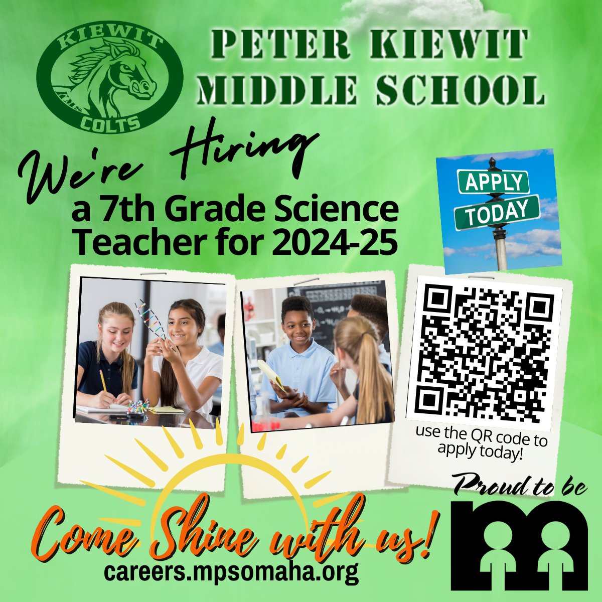 Are you ready to pass on your love of Science to the next generation? Kiewit Middle School prides itself on a fun, dedicated, and team-centered work environment!  Come join the Kiewit Colts! #Proud2bMPS #SHINEwithMPS #ScienceTeacher  #kiewitcolts @mps_kiewit