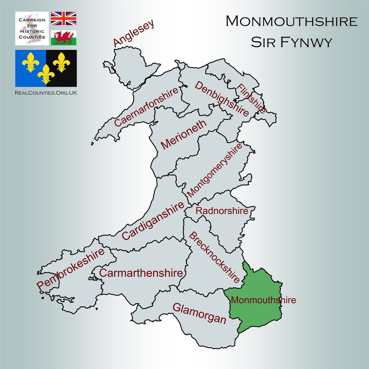 The County of #Monmouth (Sir Fynwy) is a shire in south-west Great Britain.

#Monmouthshire is north of the Severn Estuary, which forms the county's southern border.

The highest point is Chwarel y Fan at 2,228 feet (679m).

🇬🇧 #HistoricCounties | #RealCounties 🏴󠁧󠁢󠁷󠁬󠁳󠁿
