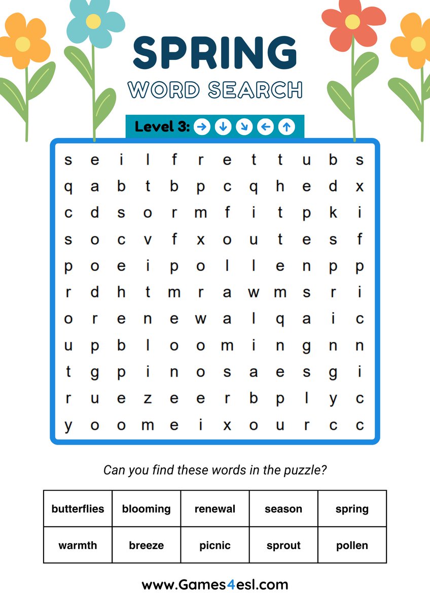Download these Spring Word Searches and use them in class today! As always, these are completely FREE to use in your lessons! games4esl.com/esl-worksheets…