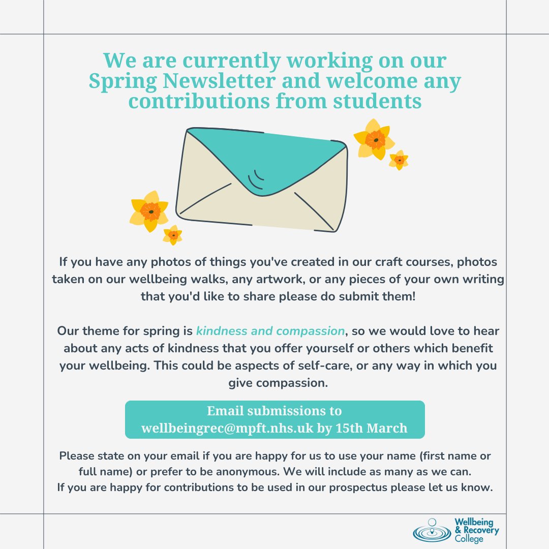 We're working on our spring newsletter and would love to include any contributions from students, maybe photos of things you've created in our craft courses, pictures taken on our wellbeing walks or a reflection from one of the courses. Please send any submissions by 15th March🌼